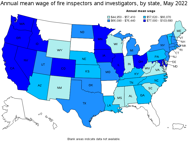 Map of annual mean wages of fire inspectors and investigators by state, May 2022