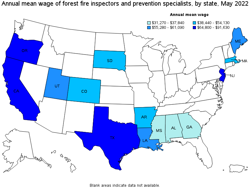 Map of annual mean wages of forest fire inspectors and prevention specialists by state, May 2022