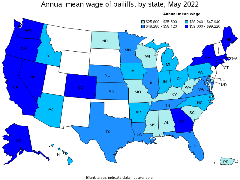 Map of annual mean wages of bailiffs by state, May 2022