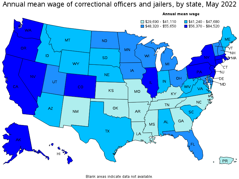 Map of annual mean wages of correctional officers and jailers by state, May 2022