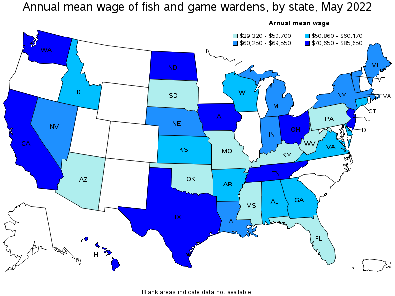 Map of annual mean wages of fish and game wardens by state, May 2022