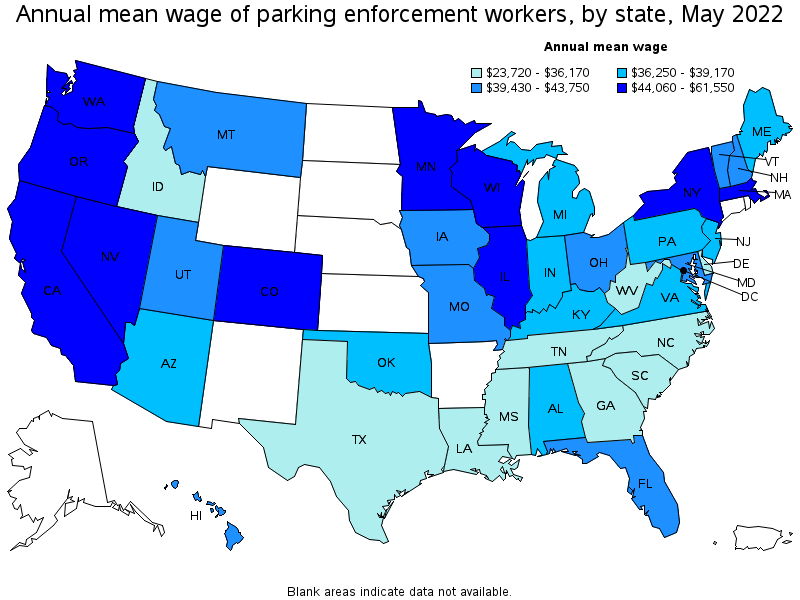 Map of annual mean wages of parking enforcement workers by state, May 2022