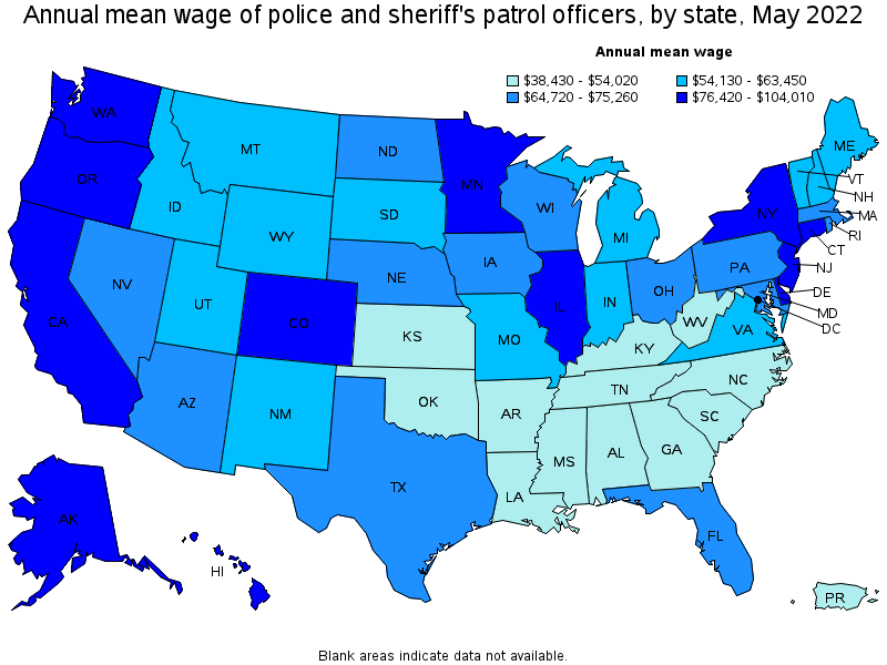 Map of annual mean wages of police and sheriff's patrol officers by state, May 2022