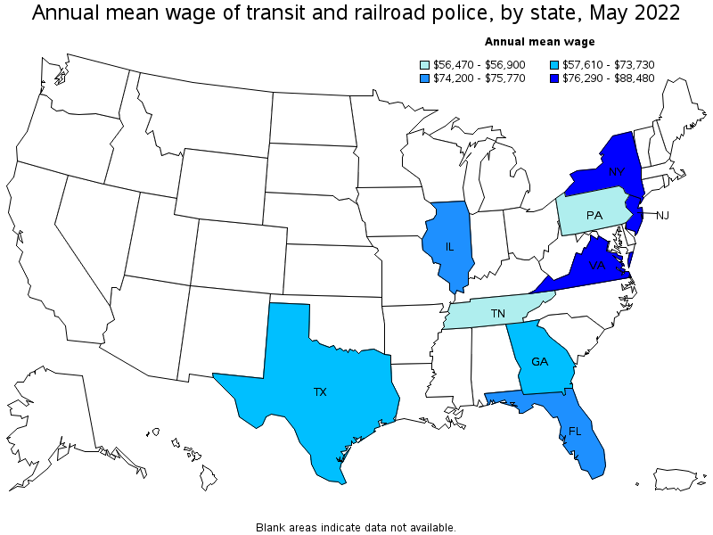 Map of annual mean wages of transit and railroad police by state, May 2022