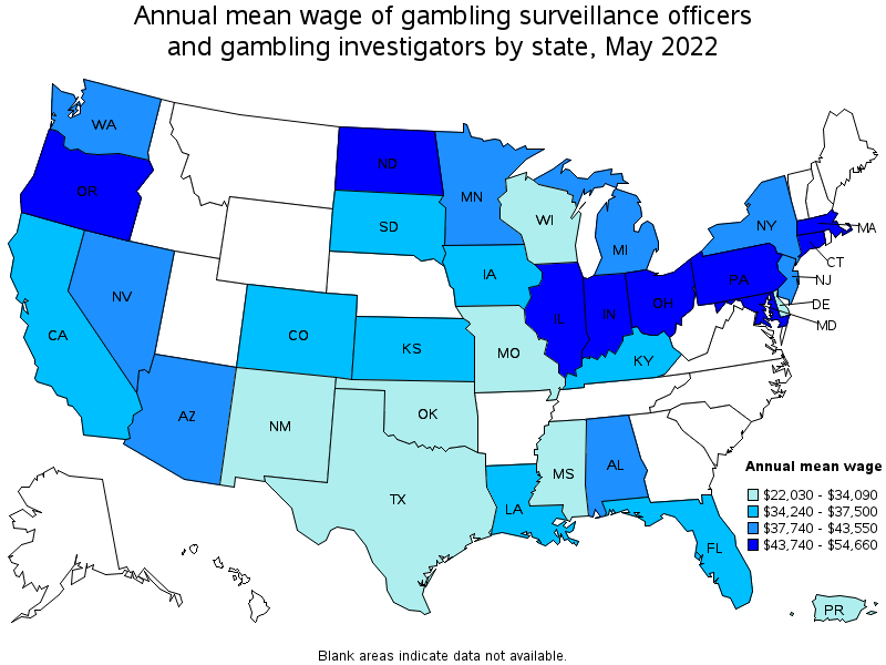 Map of annual mean wages of gambling surveillance officers and gambling investigators by state, May 2022