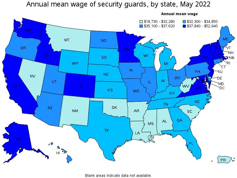 Map of annual mean wages of security guards by state, May 2022
