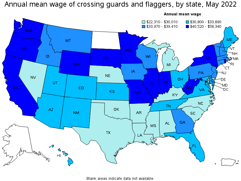 Map of annual mean wages of crossing guards and flaggers by state, May 2022