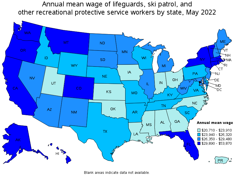 Map of annual mean wages of lifeguards, ski patrol, and other recreational protective service workers by state, May 2022