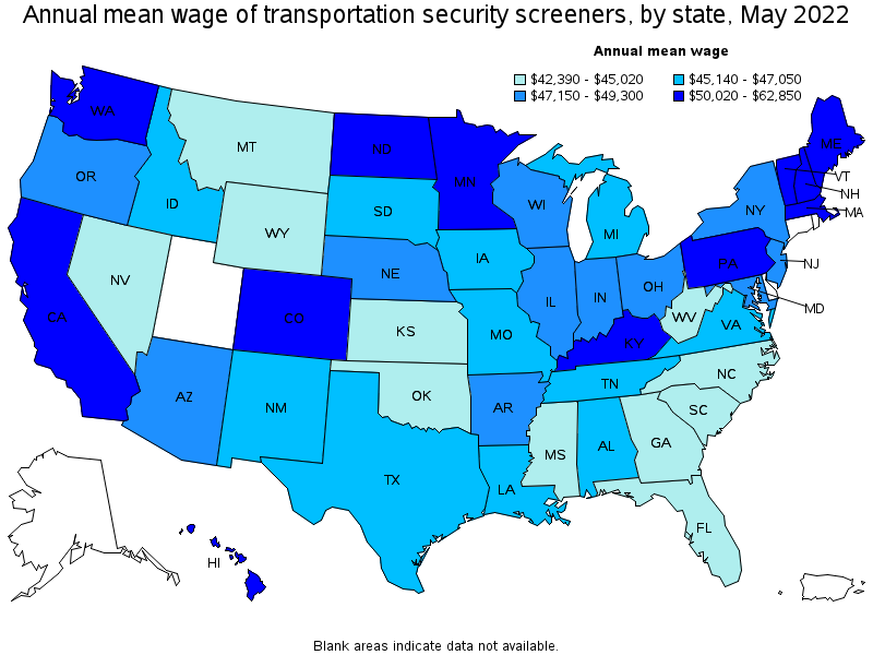 Map of annual mean wages of transportation security screeners by state, May 2022