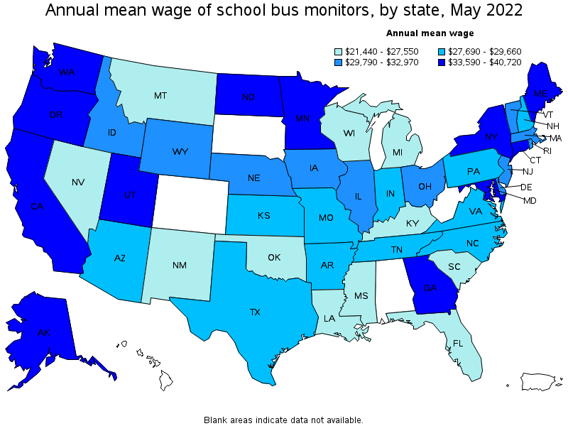Map of annual mean wages of school bus monitors by state, May 2022