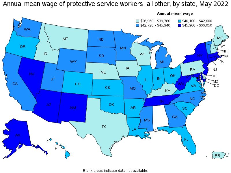 Map of annual mean wages of protective service workers, all other by state, May 2022