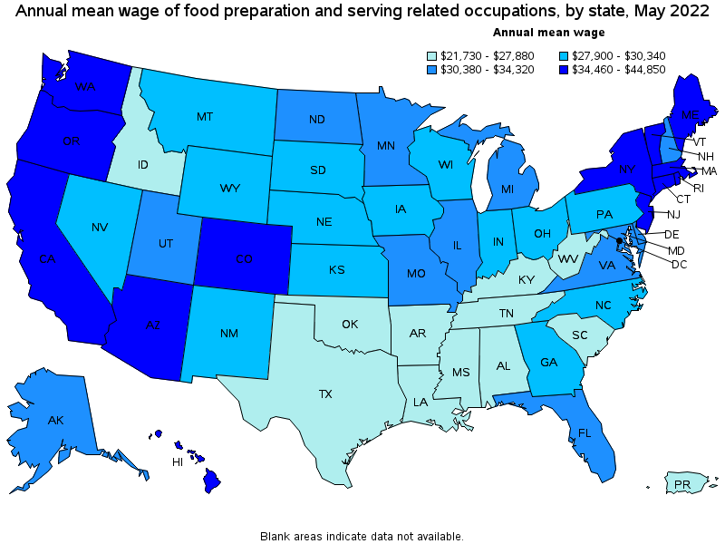 Map of annual mean wages of food preparation and serving related occupations by state, May 2022