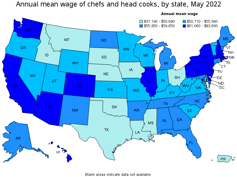 Map of annual mean wages of chefs and head cooks by state, May 2022