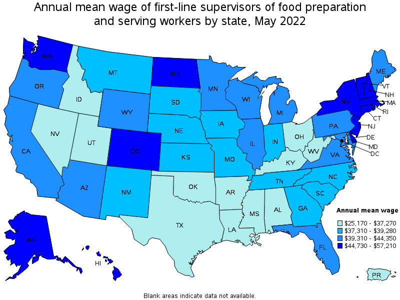 Map of annual mean wages of first-line supervisors of food preparation and serving workers by state, May 2022