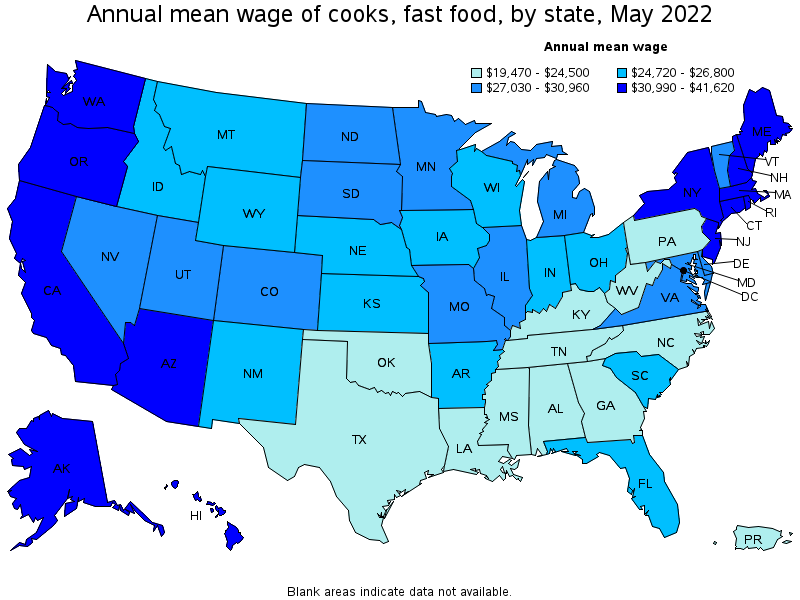 Map of annual mean wages of cooks, fast food by state, May 2022