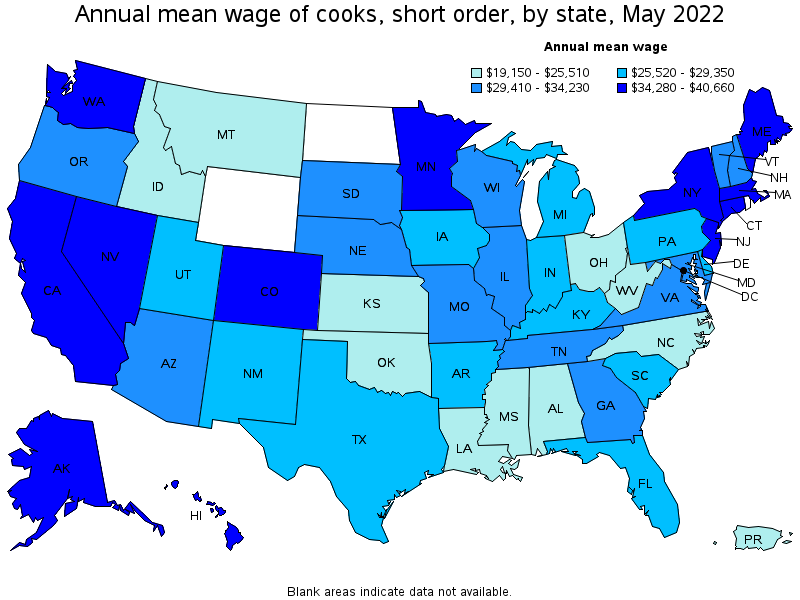 Map of annual mean wages of cooks, short order by state, May 2022