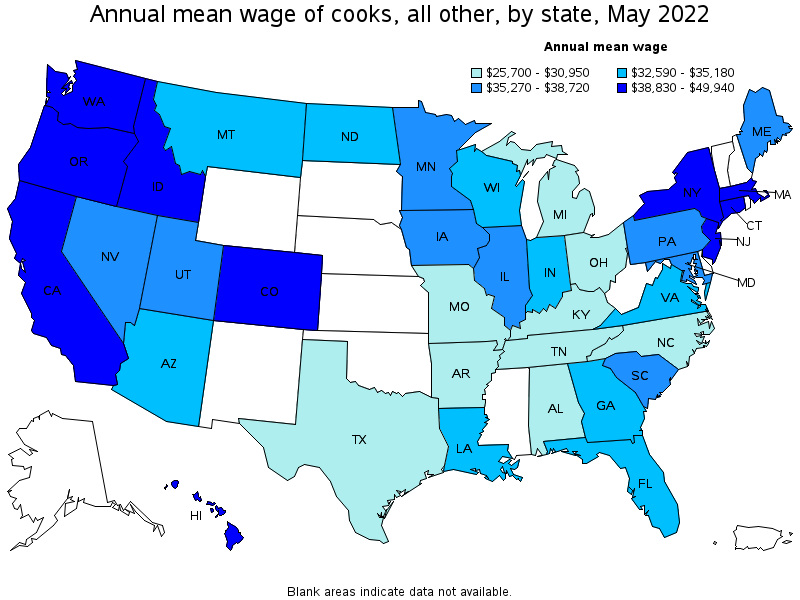 Map of annual mean wages of cooks, all other by state, May 2022