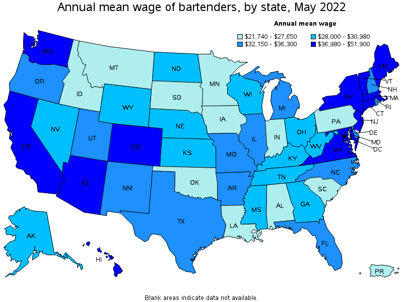 Map of annual mean wages of bartenders by state, May 2022