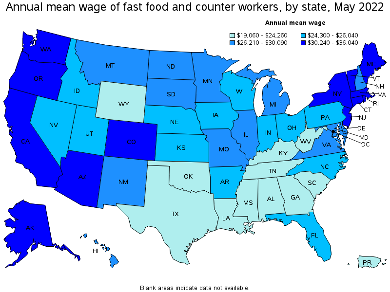 Map of annual mean wages of fast food and counter workers by state, May 2022