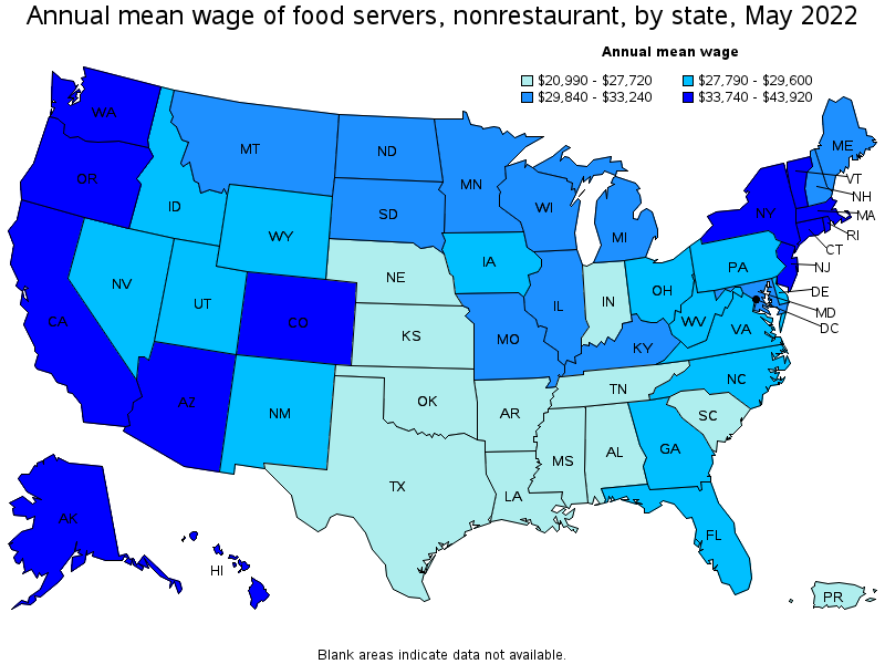 Map of annual mean wages of food servers, nonrestaurant by state, May 2022
