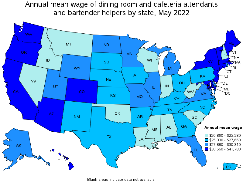 Map of annual mean wages of dining room and cafeteria attendants and bartender helpers by state, May 2022