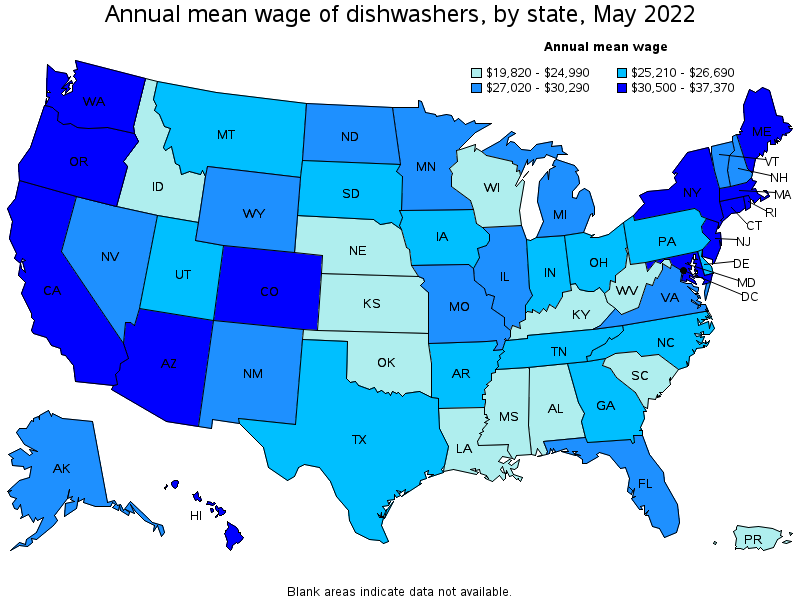 Map of annual mean wages of dishwashers by state, May 2022