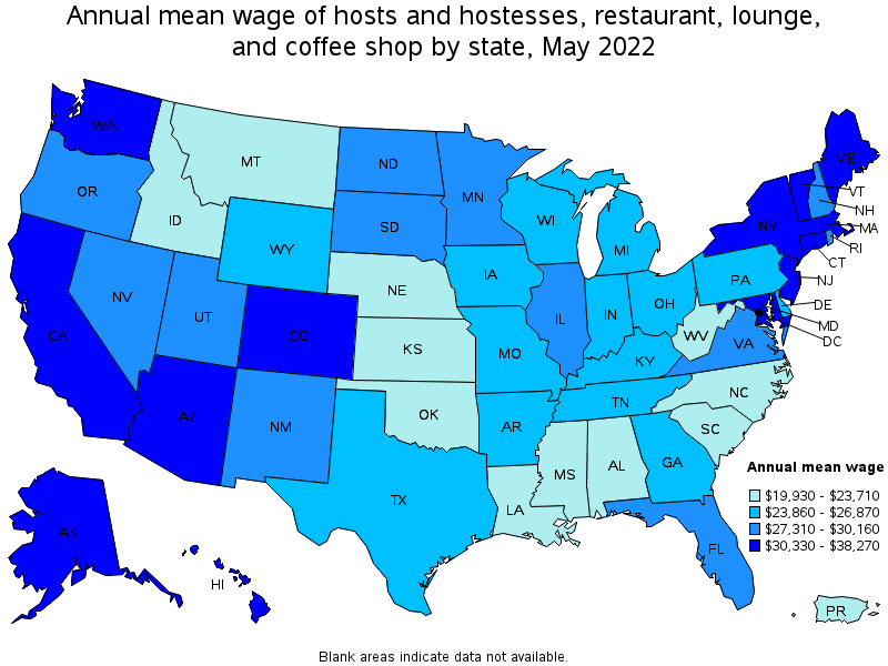 Map of annual mean wages of hosts and hostesses, restaurant, lounge, and coffee shop by state, May 2022