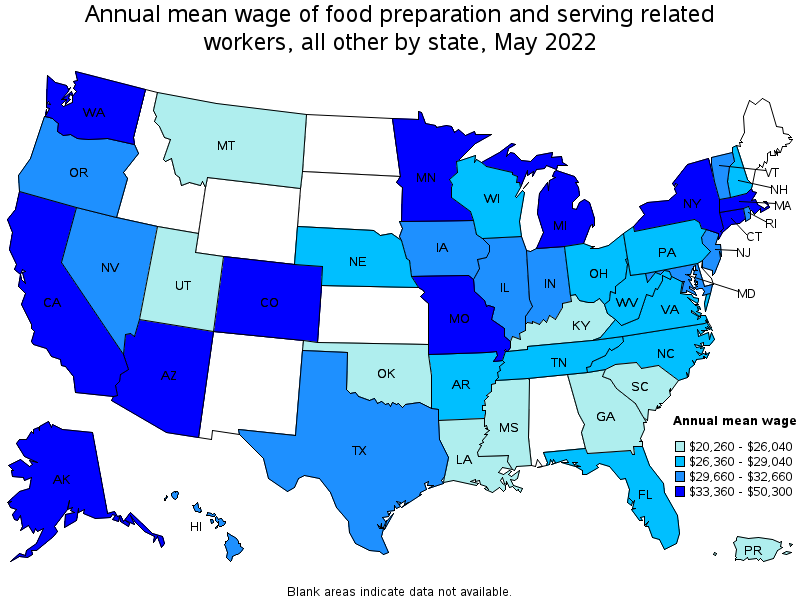 Map of annual mean wages of food preparation and serving related workers, all other by state, May 2022