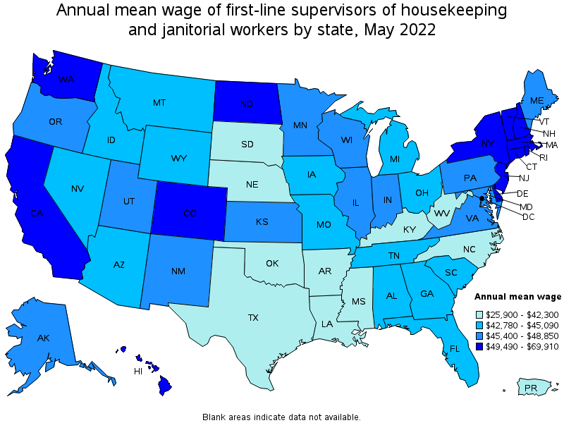 Map of annual mean wages of first-line supervisors of housekeeping and janitorial workers by state, May 2022