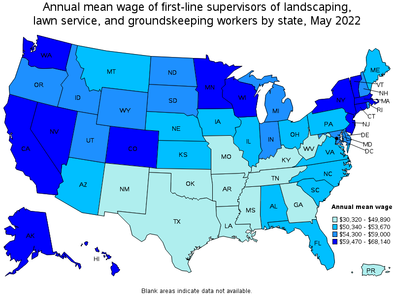 Map of annual mean wages of first-line supervisors of landscaping, lawn service, and groundskeeping workers by state, May 2022