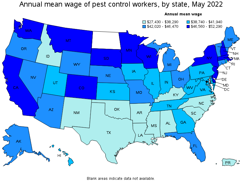 Map of annual mean wages of pest control workers by state, May 2022