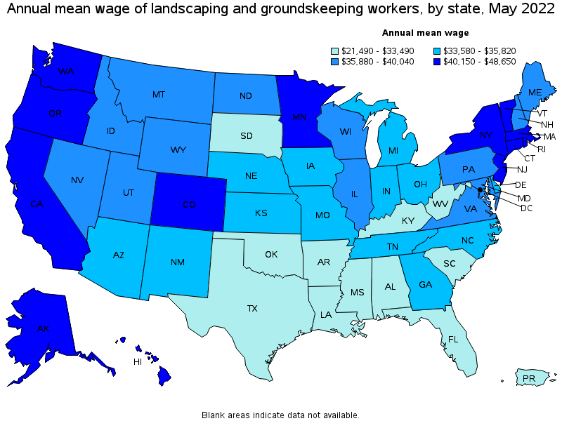 Map of annual mean wages of landscaping and groundskeeping workers by state, May 2022