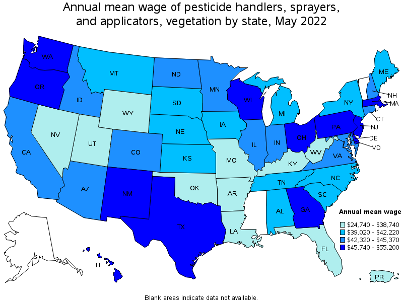Map of annual mean wages of pesticide handlers, sprayers, and applicators, vegetation by state, May 2022