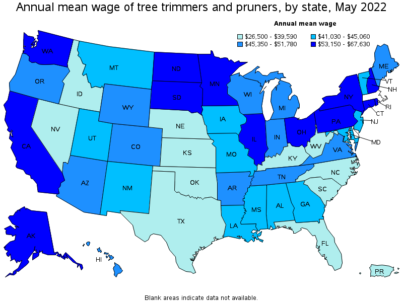 Map of annual mean wages of tree trimmers and pruners by state, May 2022