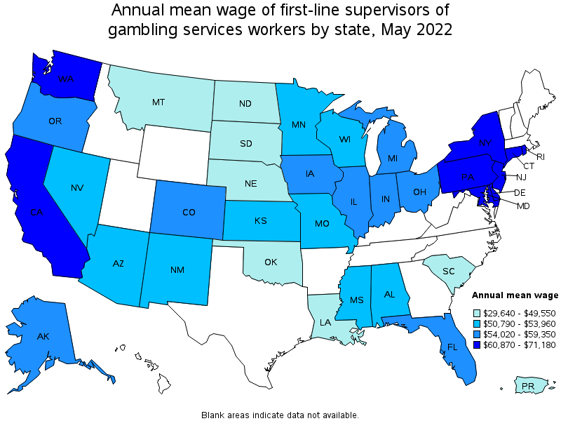 Map of annual mean wages of first-line supervisors of gambling services workers by state, May 2022