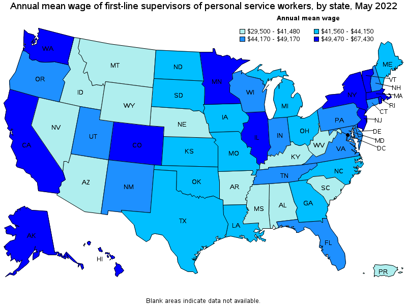 Map of annual mean wages of first-line supervisors of personal service workers by state, May 2022
