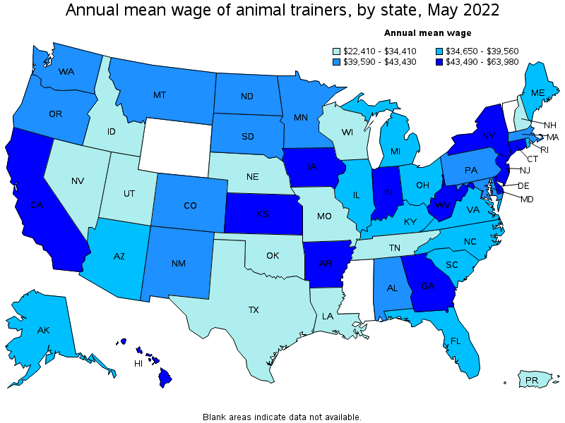 Map of annual mean wages of animal trainers by state, May 2022