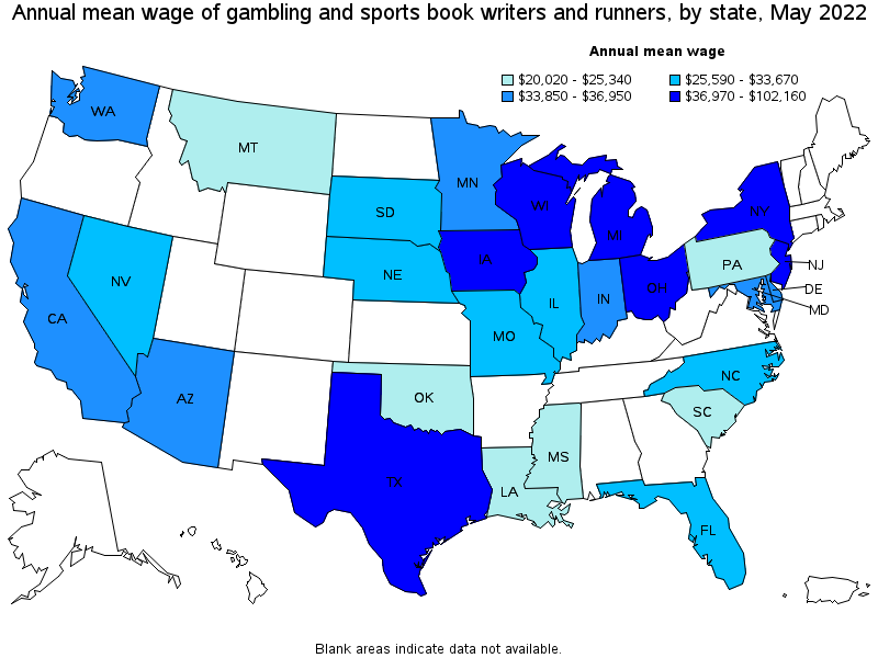 Map of annual mean wages of gambling and sports book writers and runners by state, May 2022