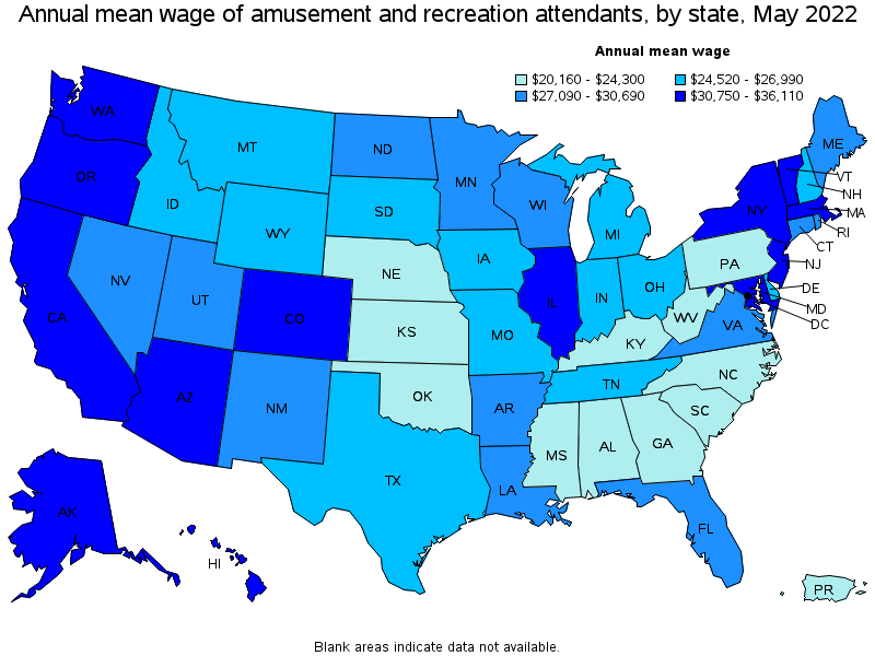 Map of annual mean wages of amusement and recreation attendants by state, May 2022