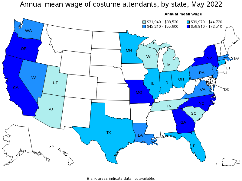 Map of annual mean wages of costume attendants by state, May 2022