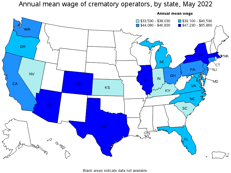 Map of annual mean wages of crematory operators by state, May 2022
