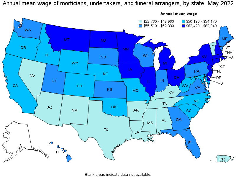 Map of annual mean wages of morticians, undertakers, and funeral arrangers by state, May 2022