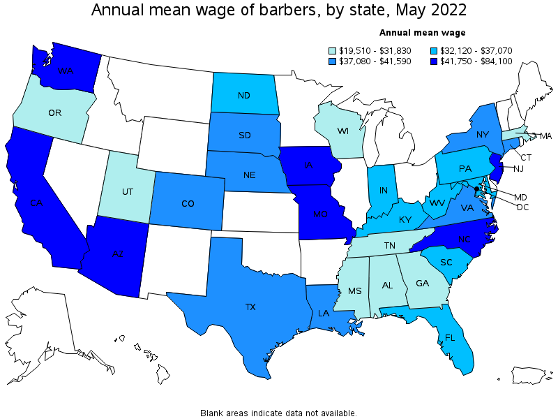 Map of annual mean wages of barbers by state, May 2022