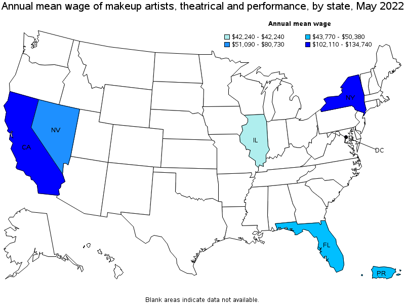Map of annual mean wages of makeup artists, theatrical and performance by state, May 2022