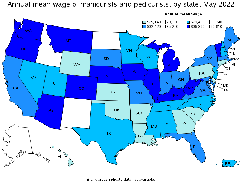 Map of annual mean wages of manicurists and pedicurists by state, May 2022
