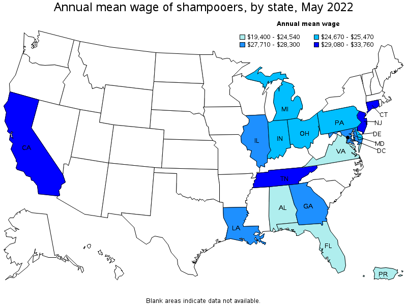 Map of annual mean wages of shampooers by state, May 2022