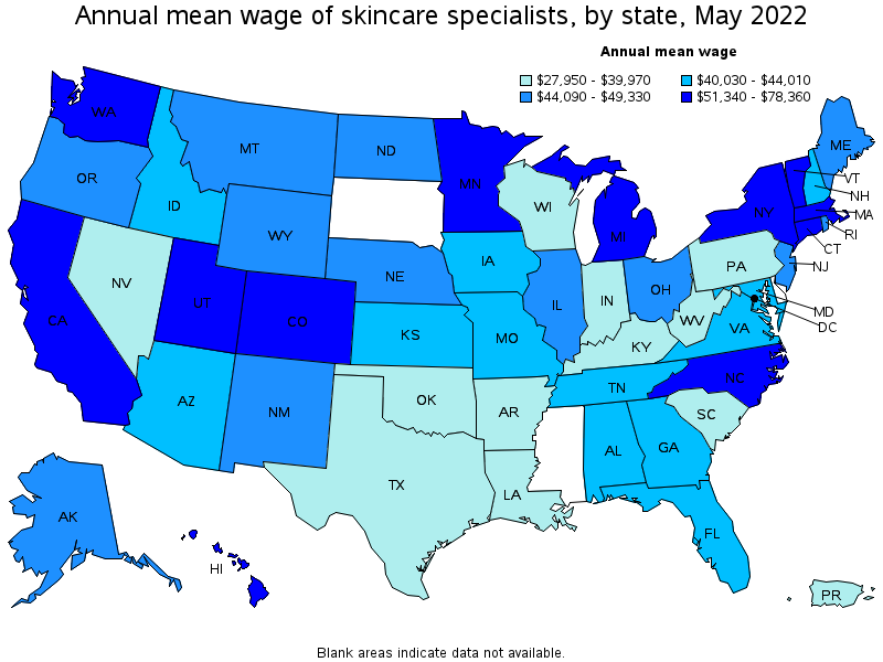 Map of annual mean wages of skincare specialists by state, May 2022