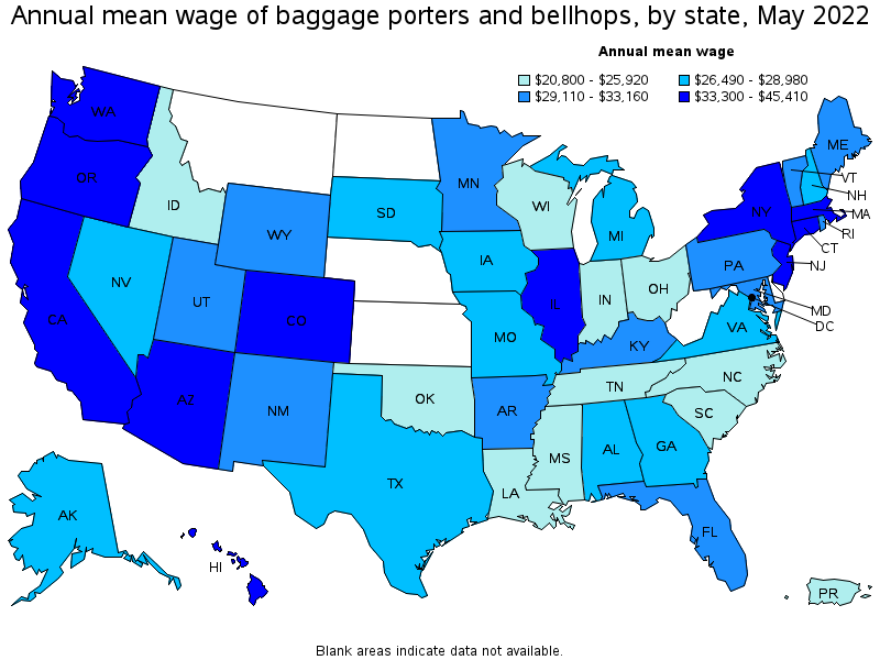 Map of annual mean wages of baggage porters and bellhops by state, May 2022