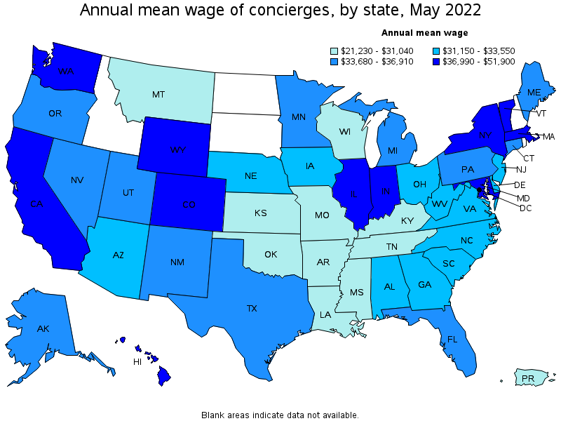 Map of annual mean wages of concierges by state, May 2022