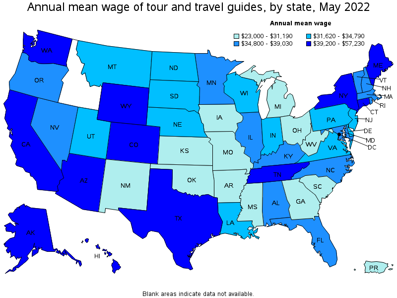 Map of annual mean wages of tour and travel guides by state, May 2022